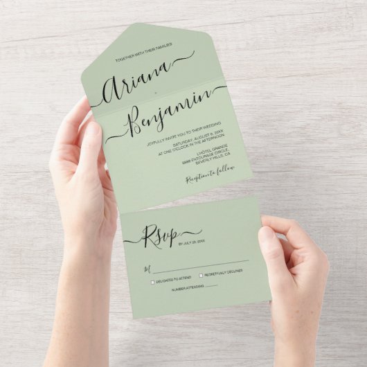 Moderne groene chic Wedding Elegant Name Script All In One Uitnodiging (Afscheurbaar)