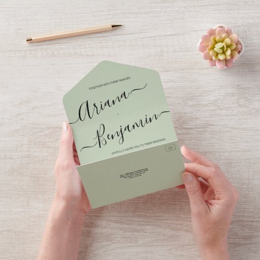 Moderne groene chic Wedding Elegant Name Script All In One Uitnodiging (VideoVideo)