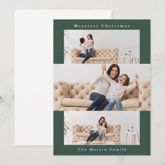 Moderne groene collage met drie foto's feestdagenkaart (Voorkant / Achterkant)
