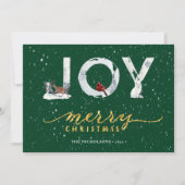 Moderne groene Elegant Gold Script JOY Snow-bedekk Feestdagenkaart (Voorkant)