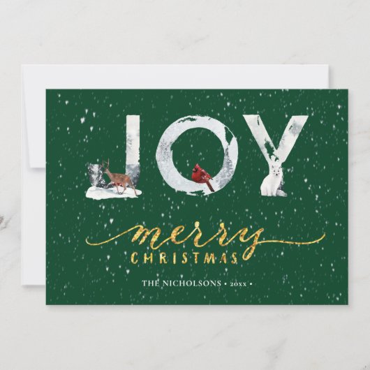 Moderne groene Elegant Gold Script JOY Snow-bedekk Feestdagenkaart (Voorkant)