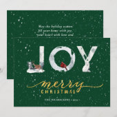 Moderne groene Elegant Gold Script JOY Snow-bedekk Feestdagenkaart (Voorkant / Achterkant)