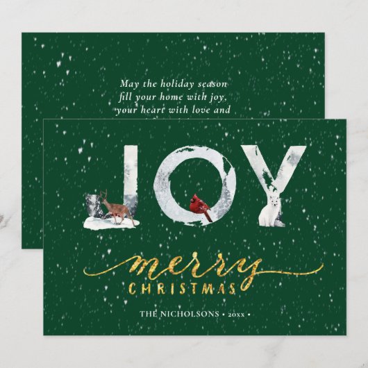 Moderne groene Elegant Gold Script JOY Snow-bedekk Feestdagenkaart (Voorkant / Achterkant)