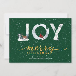 Moderne groene Elegant Gold Script JOY Snow-bedekk Feestdagenkaart