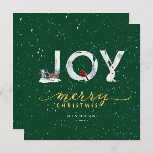 Moderne groene Elegant Gold Script JOY Snow-bedekk Feestdagenkaart (Voorkant / Achterkant)