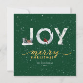 Moderne groene Elegant Gold Script JOY Snow-bedekk Feestdagenkaart (Voorkant)