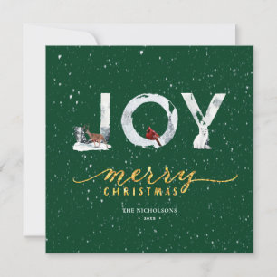 Moderne groene Elegant Gold Script JOY Snow-bedekk Feestdagenkaart