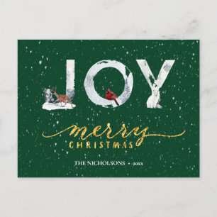 Moderne groene Elegant Gold Script JOY Snow-bedekk Feestdagenkaart