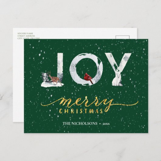 Moderne groene Elegant Gold Script JOY Snow-bedekk Feestdagenkaart (Voorkant / Achterkant)