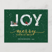 Moderne groene Elegant Gold Script JOY Snow-bedekk Feestdagenkaart (Voorkant)