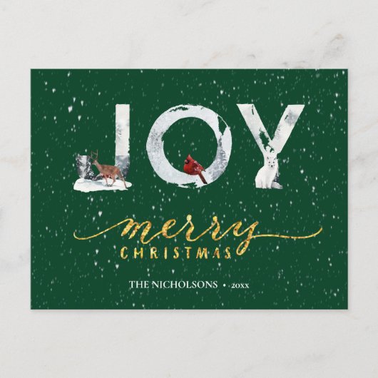 Moderne groene Elegant Gold Script JOY Snow-bedekk Feestdagenkaart (Voorkant)