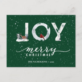 Moderne groene elegant Script JOY White Snow Overl Feestdagenkaart