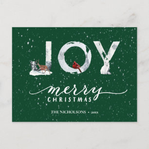 Moderne groene elegant Script JOY White Snow Overl Feestdagenkaart