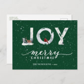 Moderne groene elegant Script JOY White Snow Overl Feestdagenkaart (Voorkant / Achterkant)