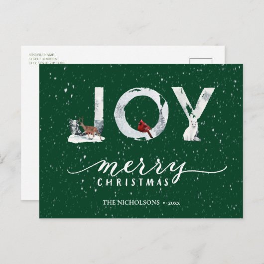 Moderne groene elegant Script JOY White Snow Overl Feestdagenkaart (Voorkant / Achterkant)