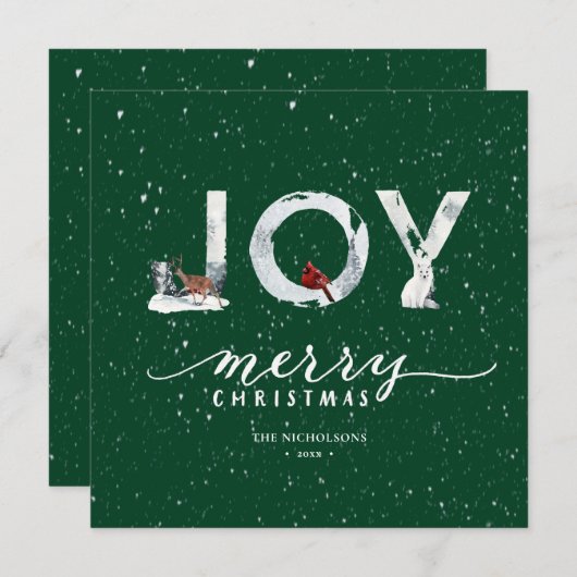 Moderne groene elegant Script JOY White Snow Overl Feestdagenkaart (Voorkant / Achterkant)