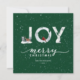 Moderne groene elegant Script JOY White Snow Overl Feestdagenkaart