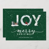 Moderne groene elegant Script JOY White Snow Overl Feestdagenkaart (Voorkant / Achterkant)