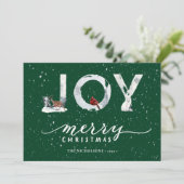 Moderne groene elegant Script JOY White Snow Overl Feestdagenkaart (Staand voorkant)