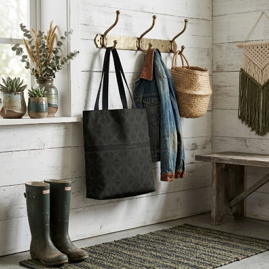Moderne Groene Elegante Bladpatroon Met Monogram Tote Bag
