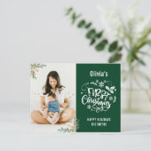 Moderne groene elegante bloemige baby eerste kerst feestdagenkaart (Staand voorkant)