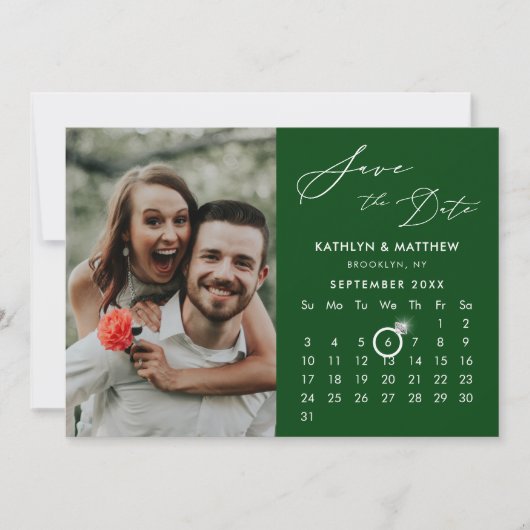Moderne Groene Elegante Script Aangepaste Kalender Save The Date (Voorkant)