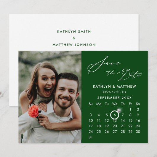 Moderne Groene Elegante Script Aangepaste Kalender Save The Date (Voorkant / Achterkant)