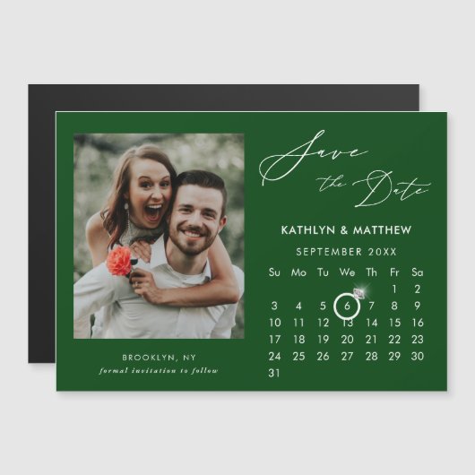 Moderne groene elegante scriptfoto Sla de datum op Magnetische Uitnodiging (Voorkant / Achterkant)