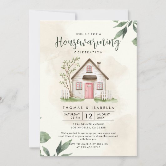 Moderne Groene en Beige Waterverf Housewarming Kaart (Voorkant)