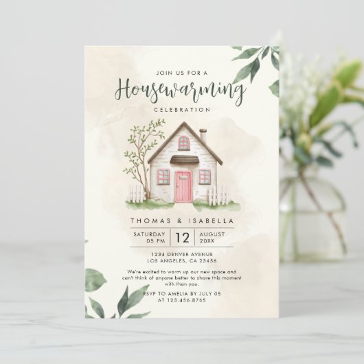Moderne Groene en Beige Waterverf Housewarming Kaart (Staand voorkant)
