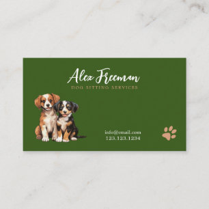 Moderne Groene en Bruine Puppies Dog Sitting Visitekaartje