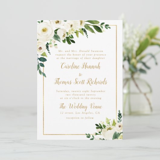 Moderne groene en gouden bloemen bruiloft uitnodig kaart (Staand voorkant)