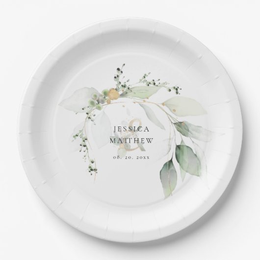 Moderne groene en gouden eucalyptus papieren bordje (Voorkant)