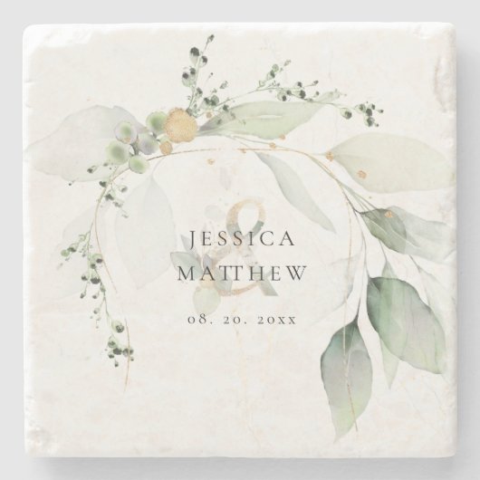 Moderne groene en gouden eucalyptus stenen onderzetter (Voorkant)