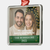 Moderne Groene en Gouden Sneeuwvlok Familiefoto Metalen Ornament (Links)