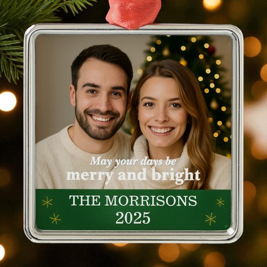 Moderne Groene en Gouden Sneeuwvlok Familiefoto Metalen Ornament