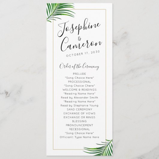 Moderne groene en gouden tropische palmbladrand programmakaart (Voorkant)