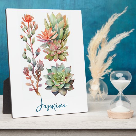 Moderne groene en koraal Waterverf succulente Plan Fotoplaat (Zijkant)