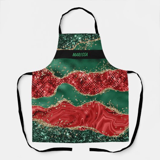 Moderne groene en rode glitter kerstnaam schort (Voorkant)