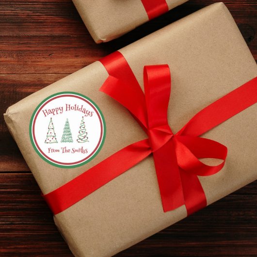 Moderne groene en rode kerstboom ronde sticker