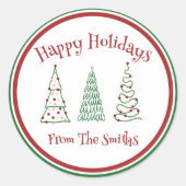 Moderne groene en rode kerstboom ronde sticker (Voorkant)