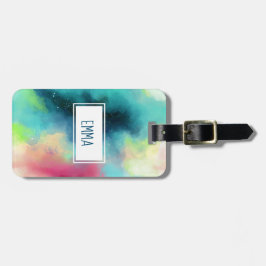 Moderne groene en rode ruimte-nevel aquarel bagagelabel