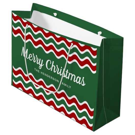 Moderne groene en rode strepen Prettig Kerstfeest Groot Cadeauzakje (Voorkant Gekanteld)