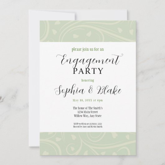 Moderne Groene en Witte Floral Engagement Party Kaart (Voorkant)