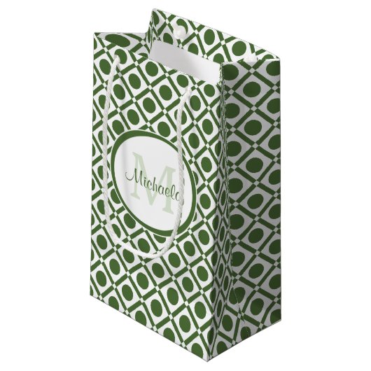Moderne groene en witte geometrische monogrammen n klein cadeauzakje (Voorkant Gekanteld)