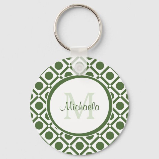 Moderne groene en witte geometrische monogrammen n sleutelhanger (Voorkant)