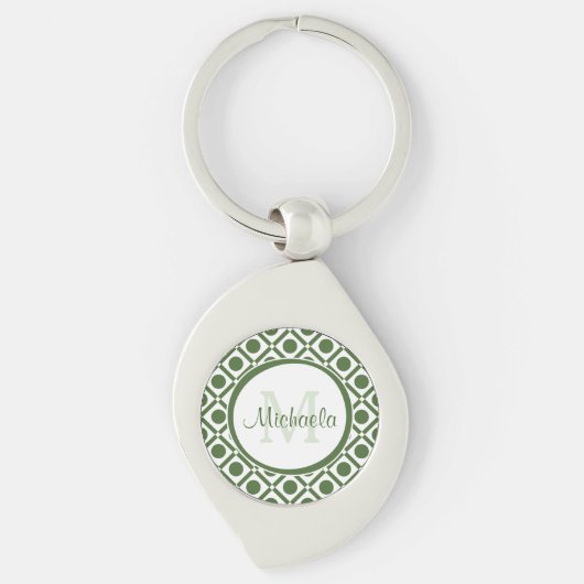 Moderne groene en witte geometrische monogrammen n sleutelhanger (Voorkant)