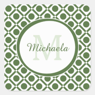 Moderne groene en witte geometrische monogrammen n vierkante sticker