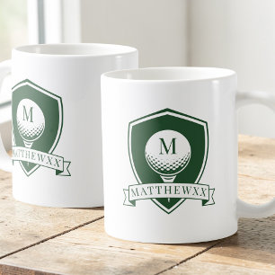 Moderne groene en witte golfbal naam monogram koffiemok
