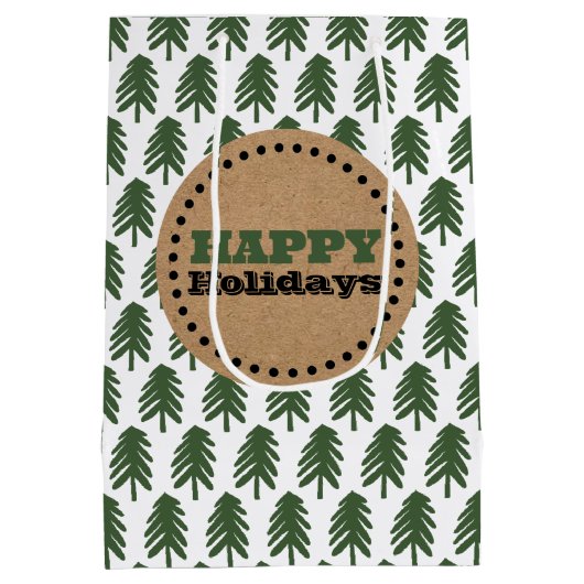 Moderne groene en witte kerstboomtekst medium cadeauzakje (Achterkant)